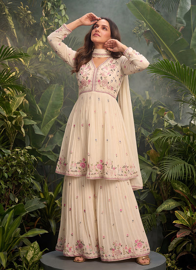 Cream Floral Embroidery Sharara Suit