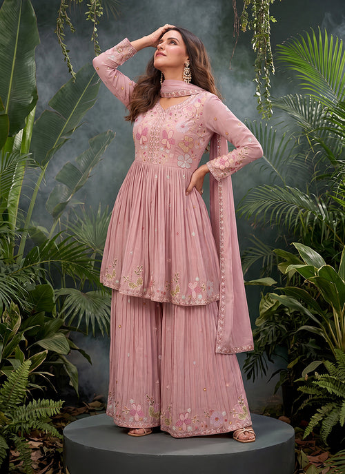 Blush Pink Floral Embroidery Sharara Suit