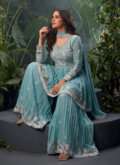 Sky Blue Floral Embroidery Sharara Suit