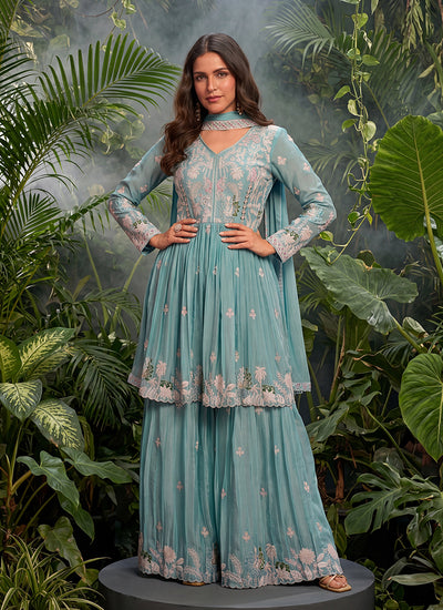 Sky Blue Floral Embroidery Sharara Suit
