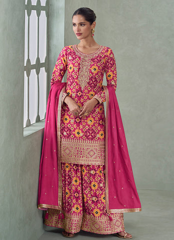Pink Multicolored Bandhani Print Embroidered Sharara Suit