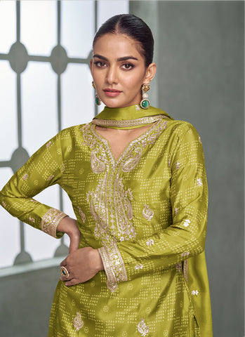 Lime Green Multicolored Bandhani Print Embroidered Sharara Suit