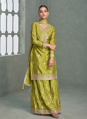 Lime Green Multicolored Bandhani Print Embroidered Sharara Suit