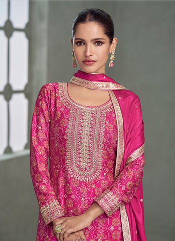 Rani Pink Multicolored Bandhani Print Embroidered Sharara Suit