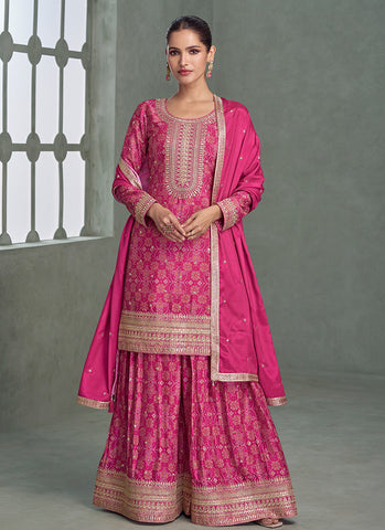 Rani Pink Multicolored Bandhani Print Embroidered Sharara Suit