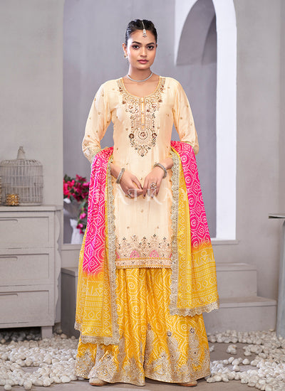 Shop Cream And Yellow Mirror Work Sharara Suit