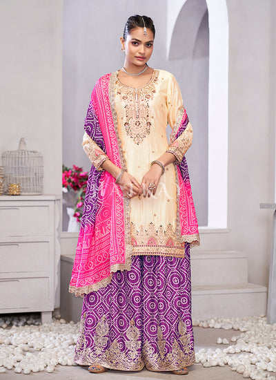 Shop Beige And Purple Sharara Suit