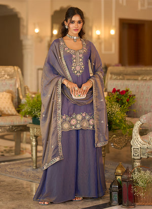 Amethyst Purple Multi Embroidery Silk Sharara Suit