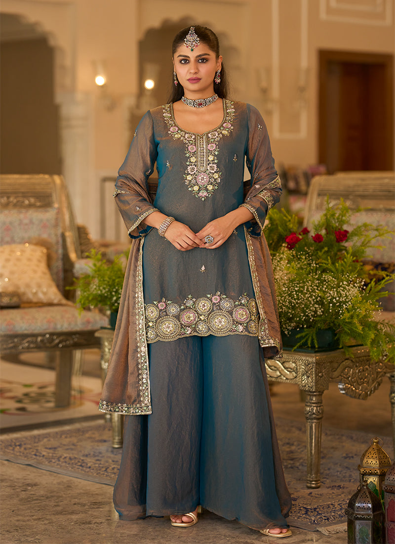 Dusty Blue Multi Embroidery Silk Sharara Suit