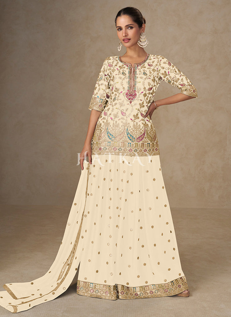 Off White Peplum Sharara Suit