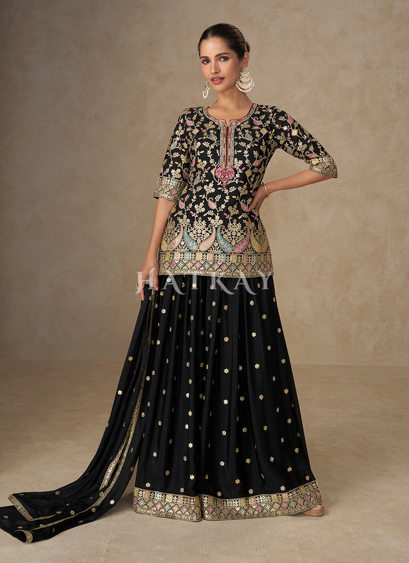Black Multi Embroidered Peplum Sharara Suit