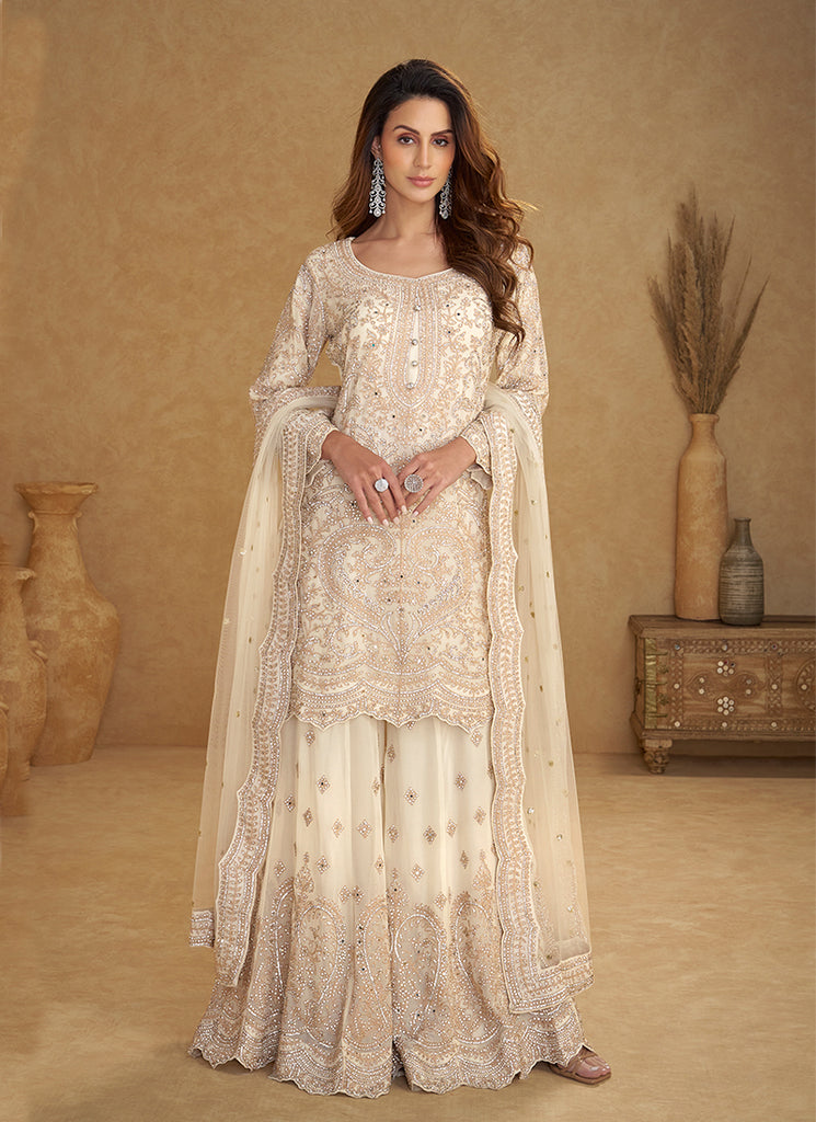 Cream White Designer Embroidered Sharara Suit