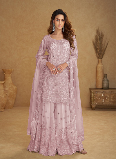 Lilac Purple Designer Embroidered Sharara Suit