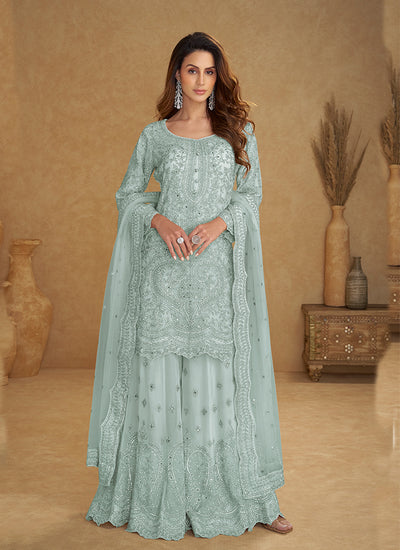 Sky Blue Designer Embroidered Sharara Suit