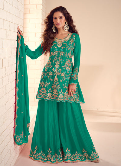 Green Handwork Embroidery Kurti And Sharara Suit