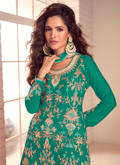 Green Handwork Embroidery Kurti And Sharara Suit