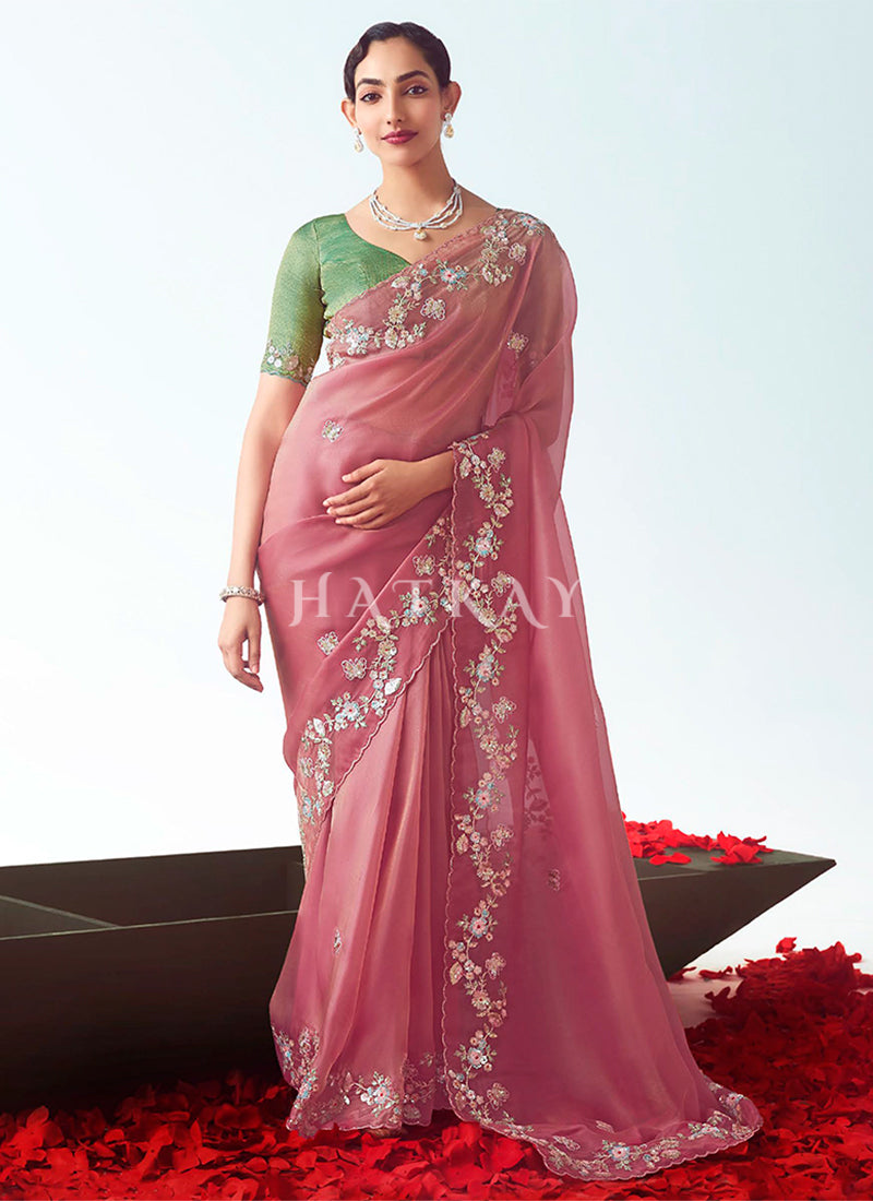 Pink And Green Silk Saree