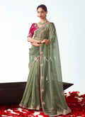 Olive Green And Magenta Silk Saree