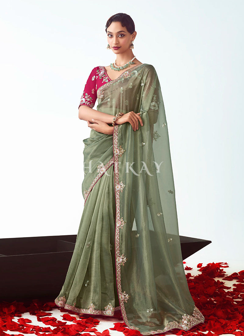 Olive Green And Magenta Handwork Silk Saree