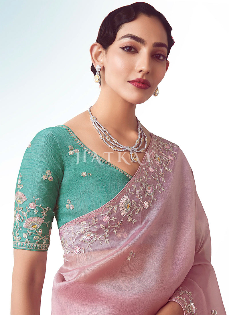 Check out Hatkay's beautiful collection of pink And Teal saree for women.