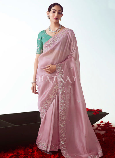 Light Pink And Teal Silk Saree