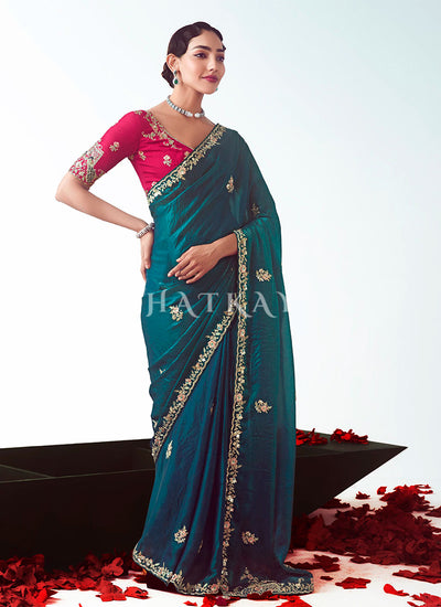 Turquoise And Magenta Silk Saree
