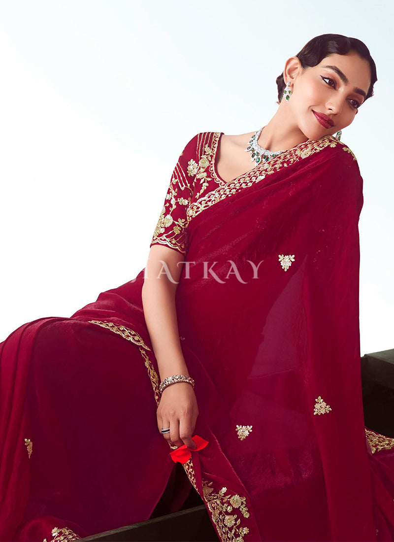 Shop Beautiful red saree from Hatkay 