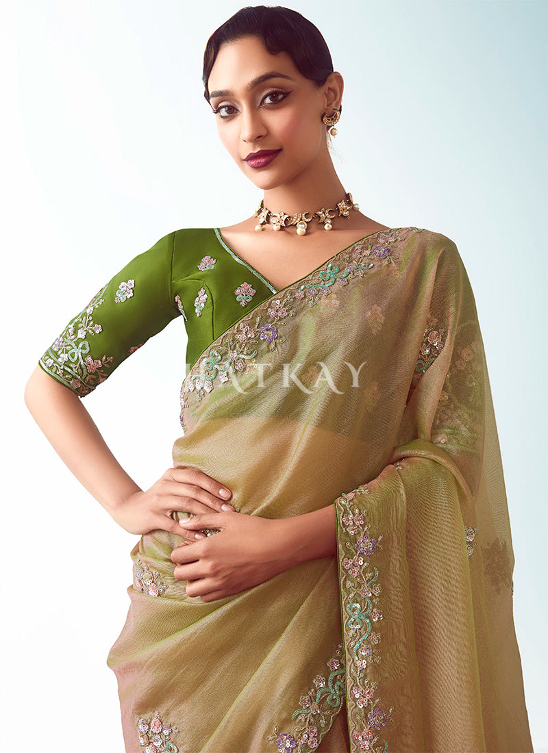 Buy Golden Yellow And Green Saree For Mehendi Function