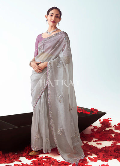 Silver Grey And Lavender Saree