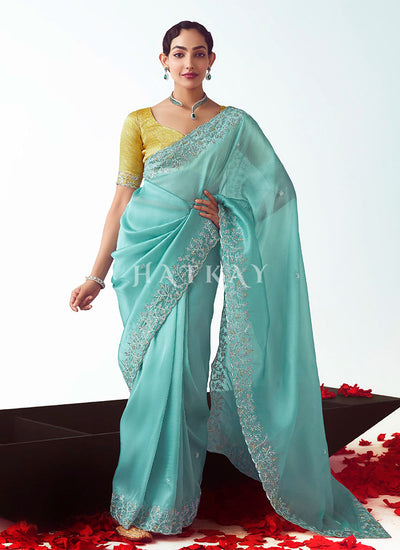 Sky Blue And Yellow Saree