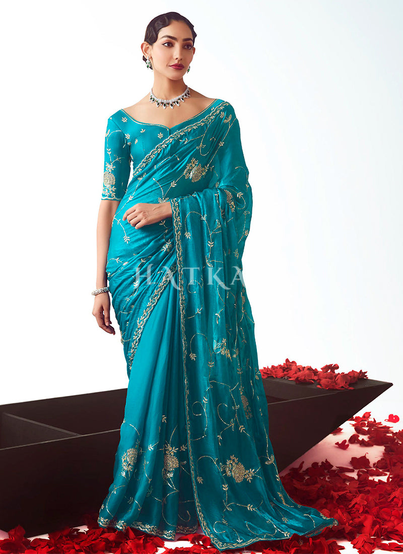 Turquoise Handwork Silk Saree