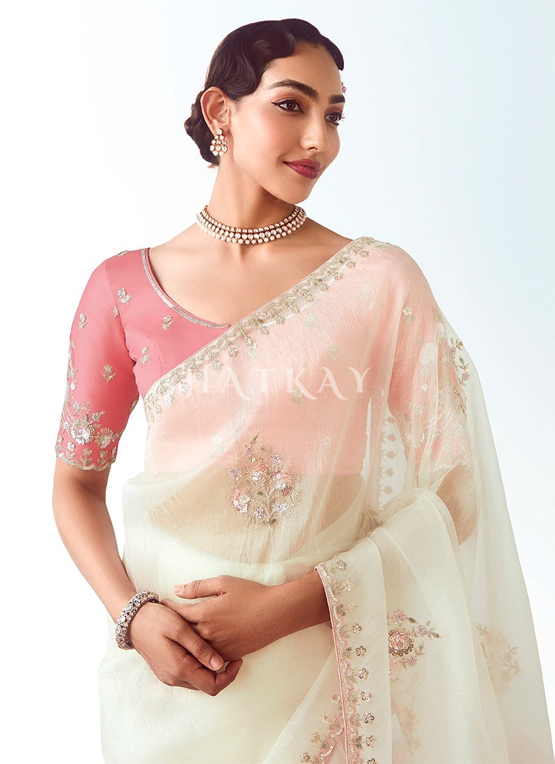 Buy Traditional Off White And Coral Saree In Cnada