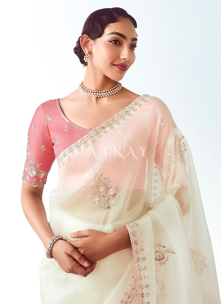 Buy Traditional Off White And Coral Saree In Cnada
