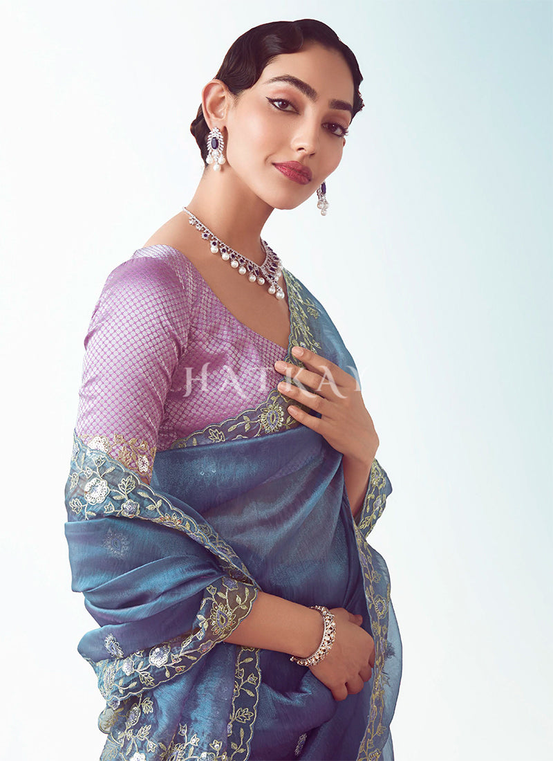 Buy Traditional Royal Blue And Purple Saree In Canada
