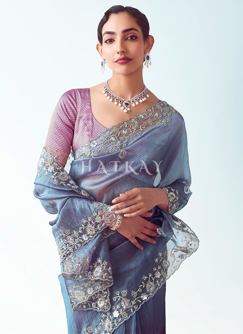 Buy Elegant Purple And Blue Saree Online at Hatkay
