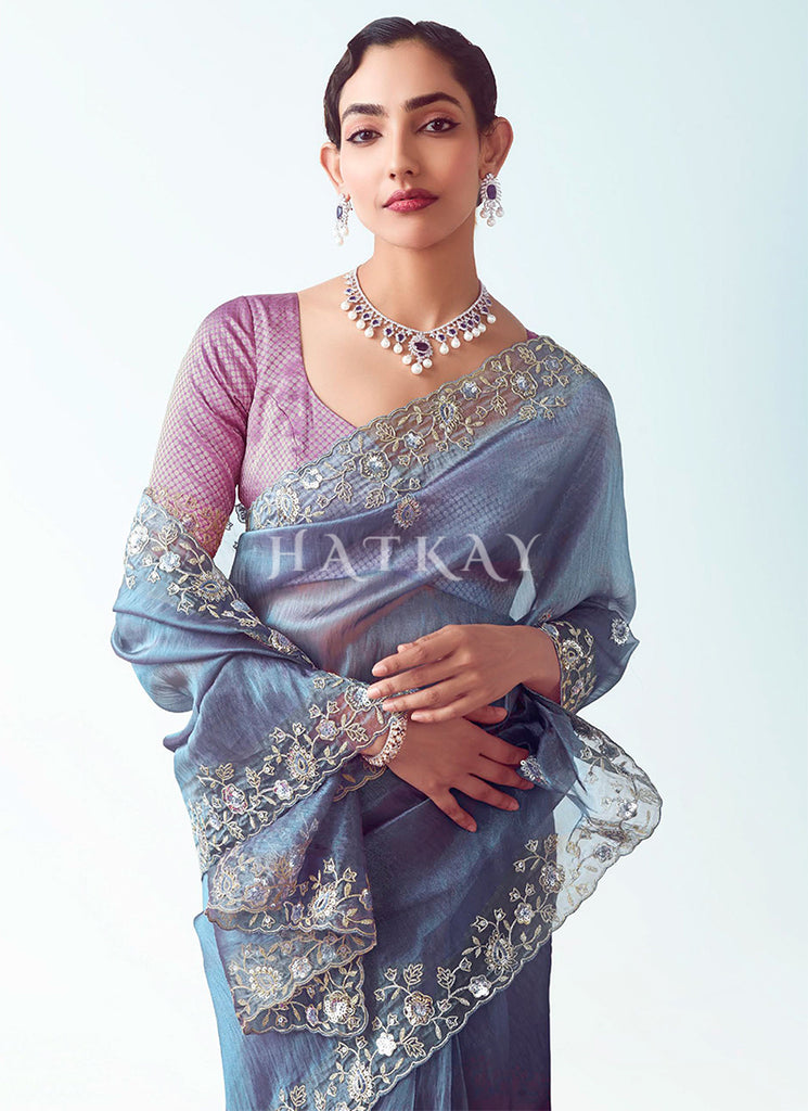 Buy Elegant Purple And Blue Saree Online at Hatkay
