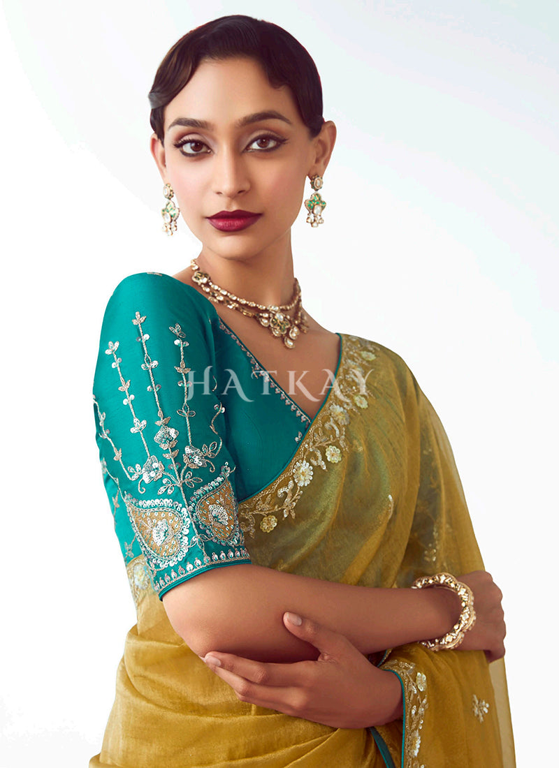 By Yellow And Teal Silk Saree In UK