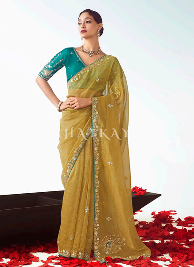 Yellow And Teal Silk Saree