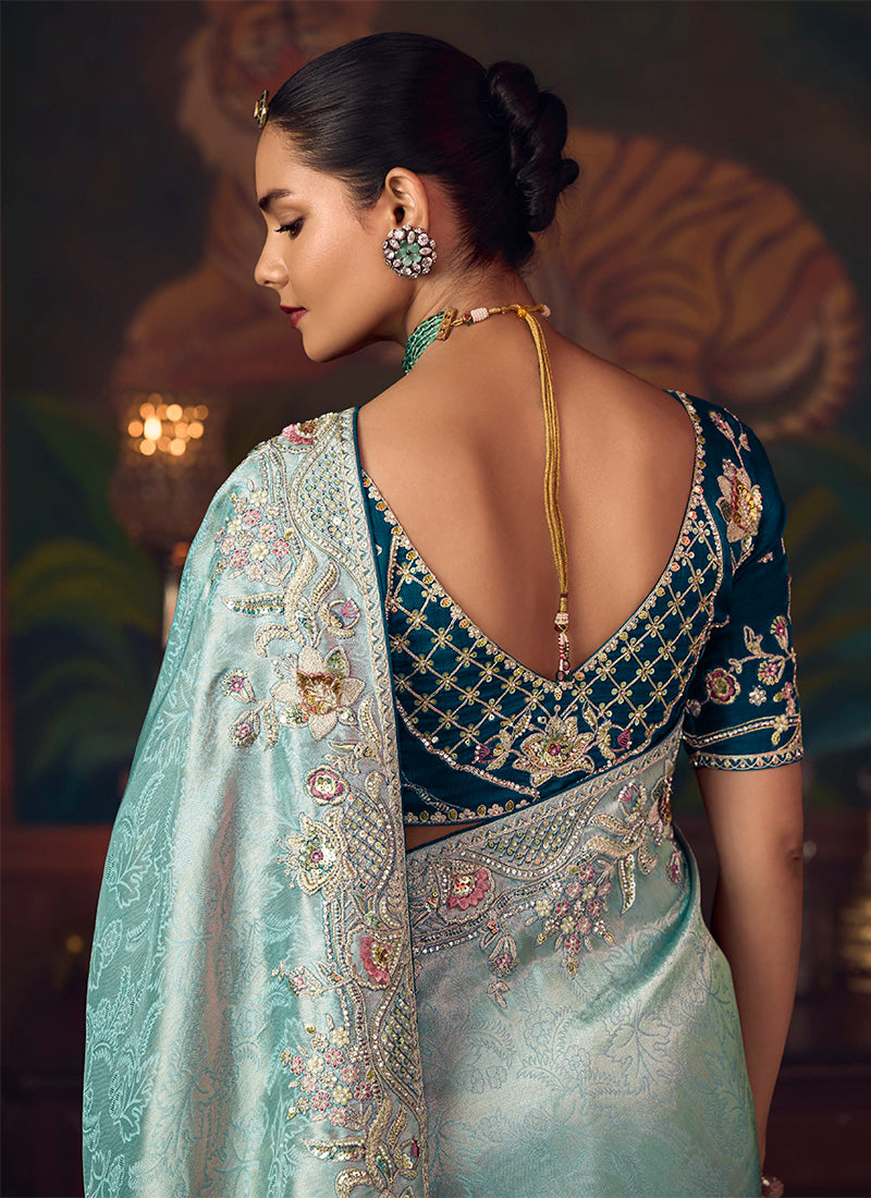 Firozi And Blue Embroidered Fancy Silk Saree