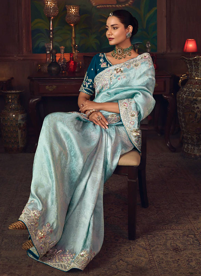 Firozi And Blue Embroidered Fancy Silk Saree