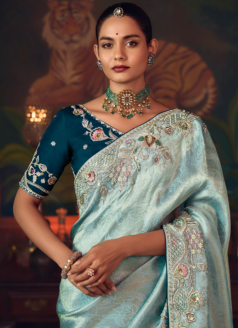 Firozi And Blue Embroidered Fancy Silk Saree