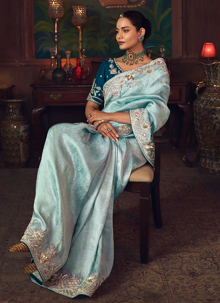 Firozi And Blue Embroidered Fancy Silk Saree