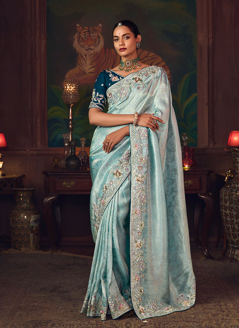 Firozi And Blue Embroidered Fancy Silk Saree
