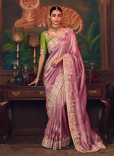 Mauve And Green Embroidered Fancy Silk Saree