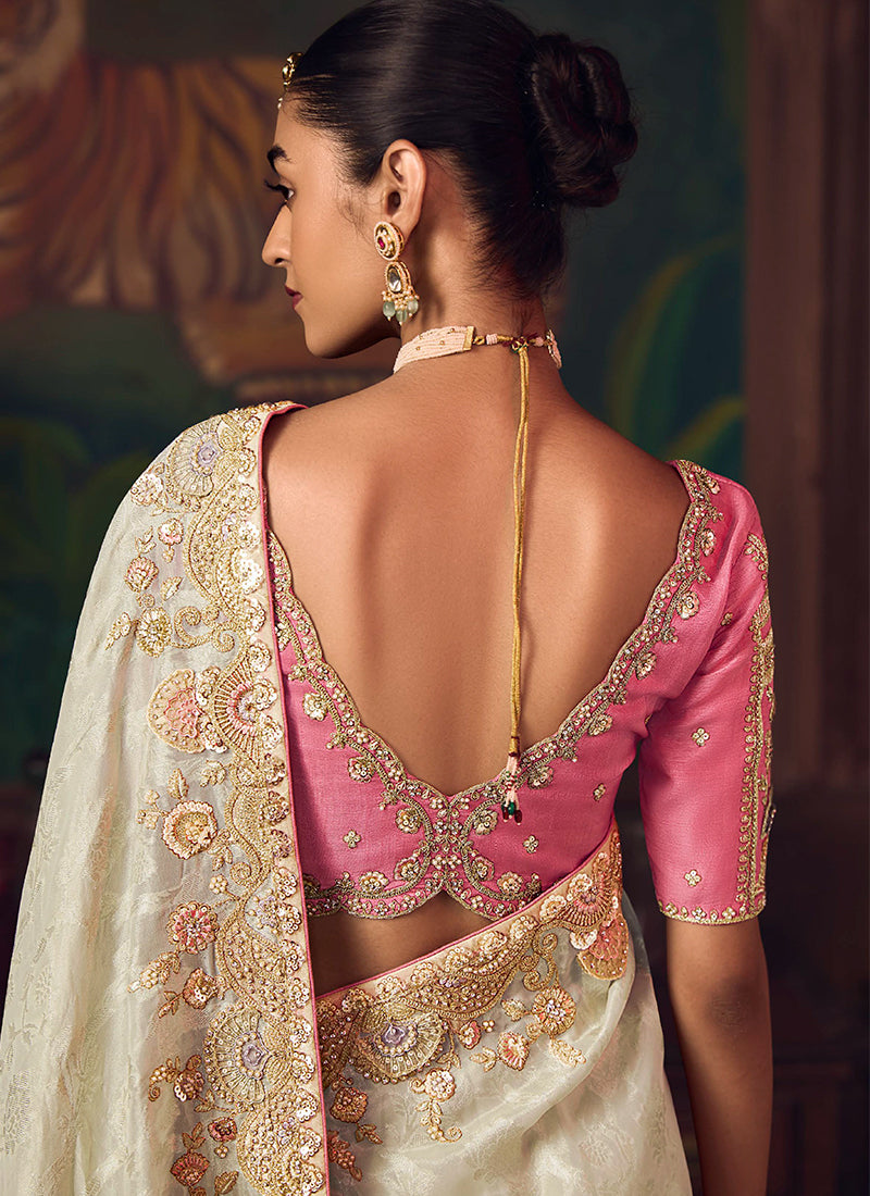 Cream And Pink Embroidered Fancy Silk Saree