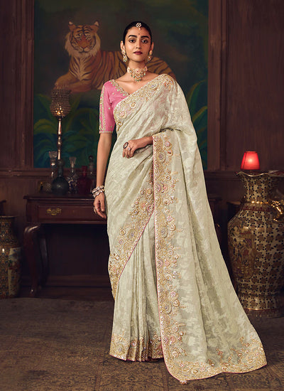 Cream And Pink Embroidered Fancy Silk Saree