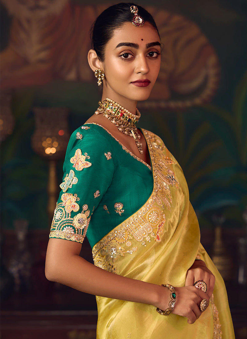 Yellow And Green Embroidered Fancy Silk Saree