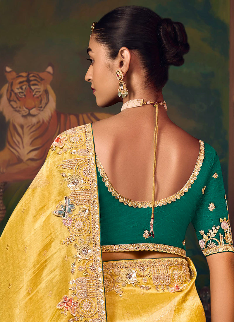 Yellow And Green Embroidered Fancy Silk Saree