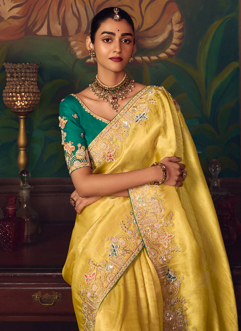 Yellow And Green Embroidered Fancy Silk Saree