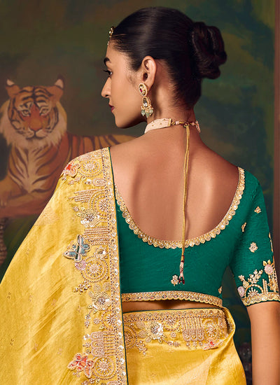 Yellow And Green Embroidered Fancy Silk Saree